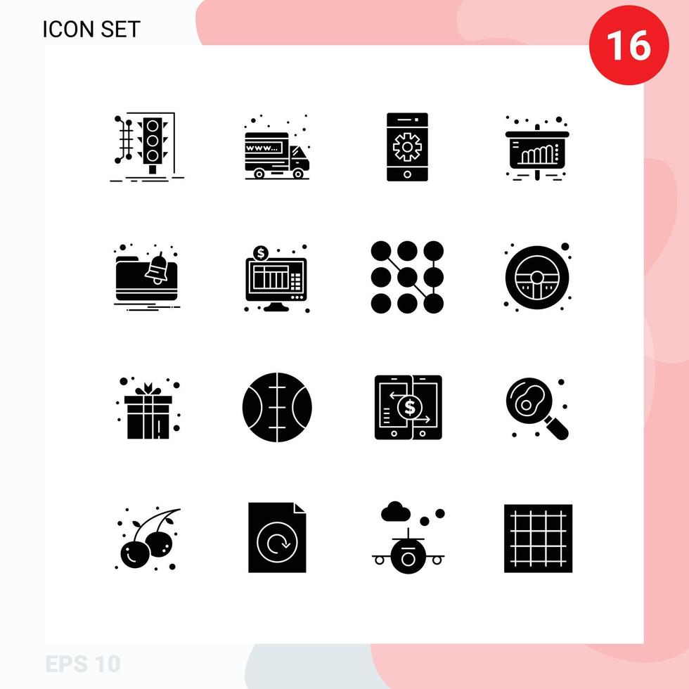 ensemble de 16 glyphes solides vectoriels sur la grille pour les paramètres commerciaux du domaine du graphique de vente éléments de conception vectoriels modifiables vecteur