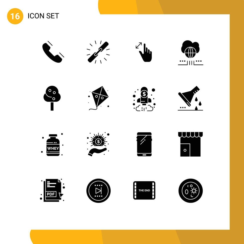 groupe de 16 glyphes solides modernes définis pour les éléments de conception vectoriels modifiables de l'interface tactile hyperlien du monde du réseau vecteur