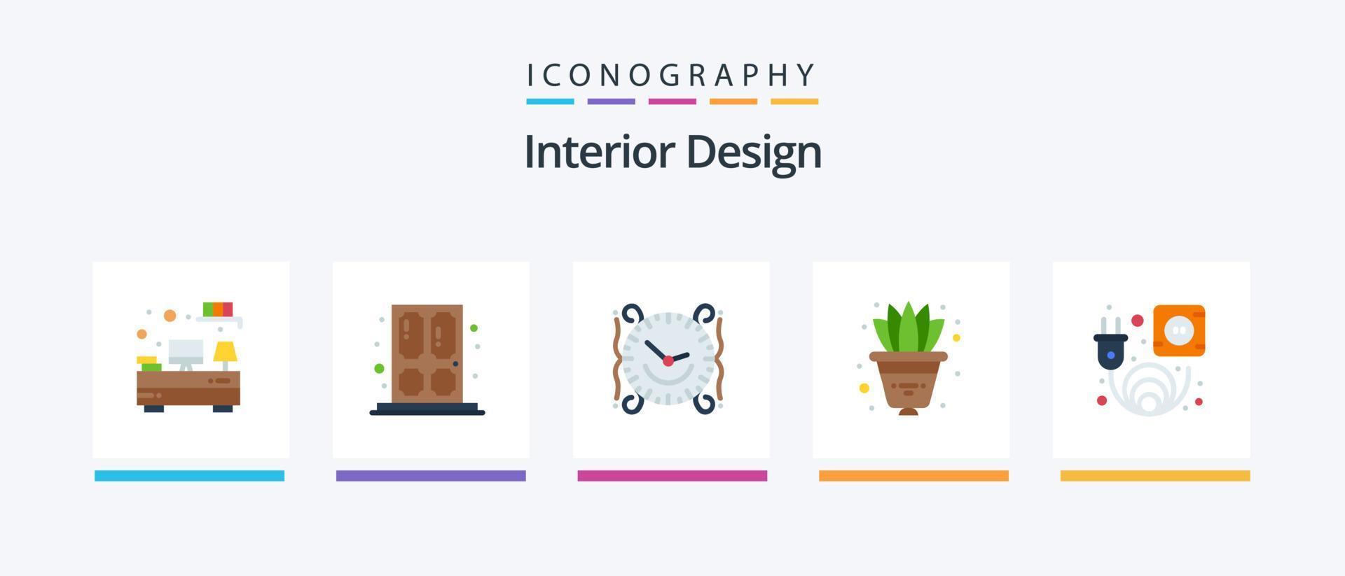 pack d'icônes plat 5 de design d'intérieur, y compris électrique. pot. l'horloge. plante. domicile. conception d'icônes créatives vecteur