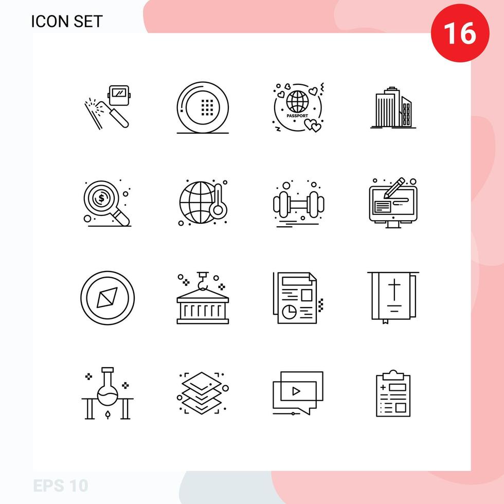 ensemble de pictogrammes de 16 contours simples d'éléments de conception vectoriels modifiables de billet de gratte-ciel de repas d'architecture d'entreprise vecteur