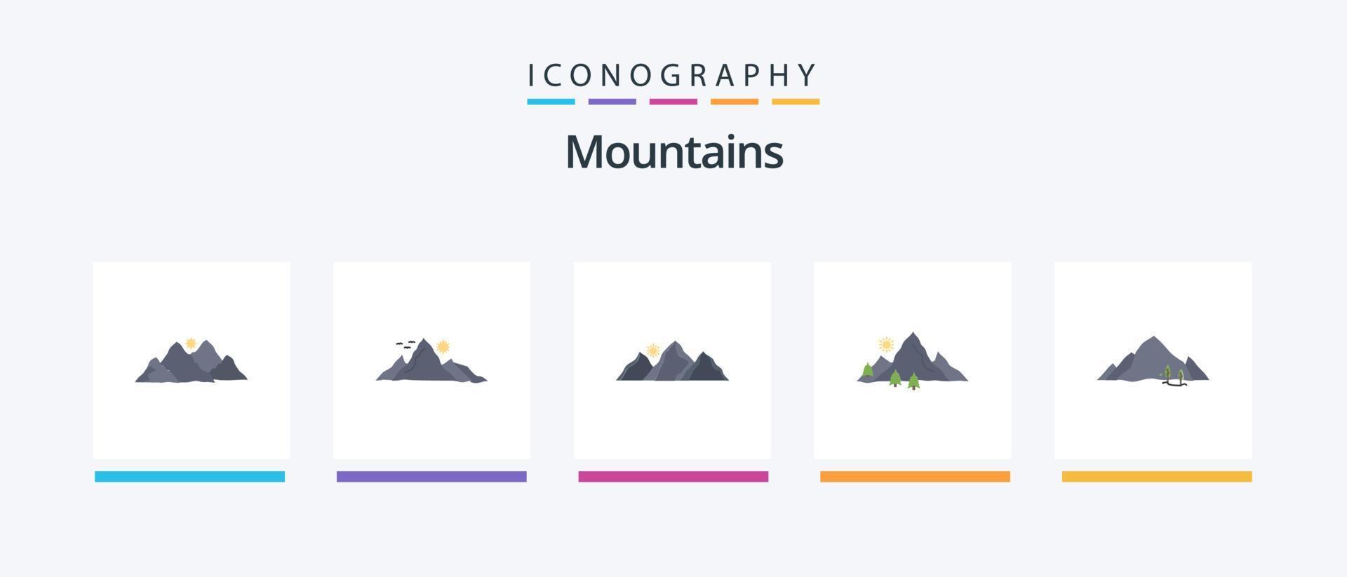 pack d'icônes plat 5 montagnes, y compris la colline. Montagne. la nature. Soleil. la nature. conception d'icônes créatives vecteur