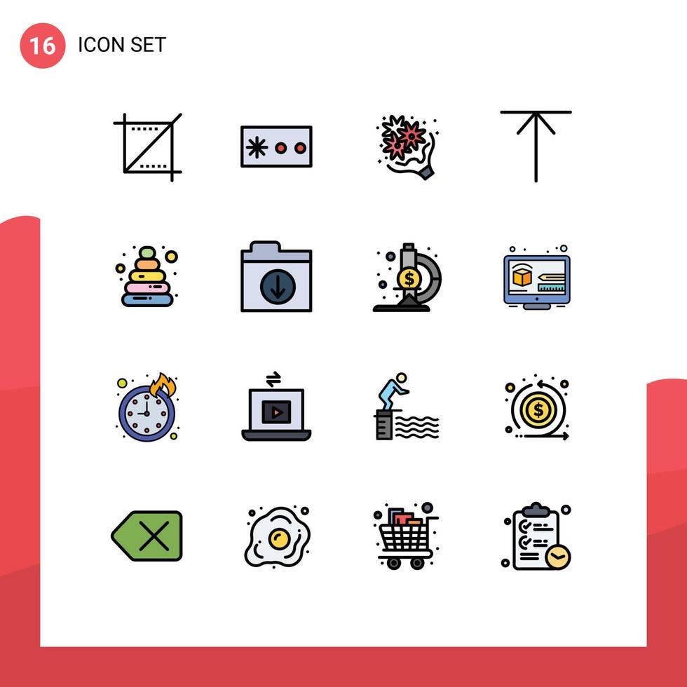 ensemble moderne de 16 lignes et symboles remplis de couleurs plates tels que des éléments de conception vectoriels créatifs modifiables de fleur de bébé jouet vecteur
