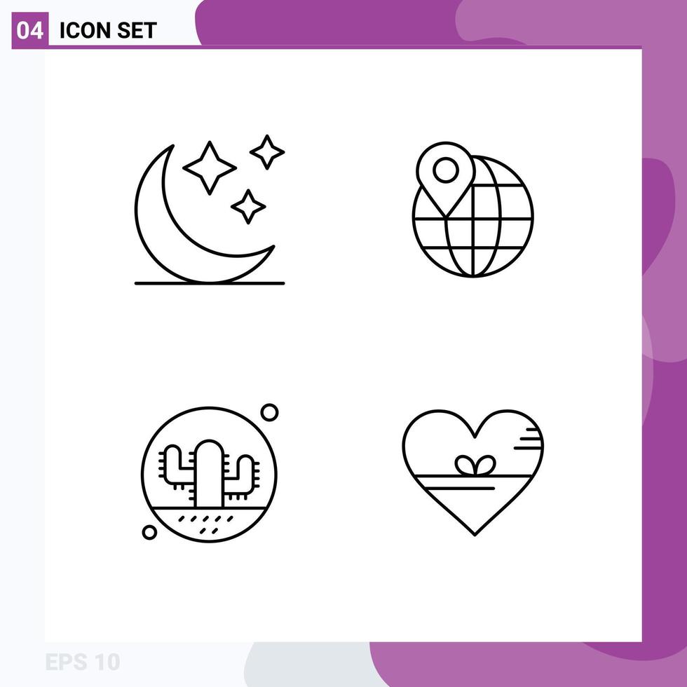 ligne d'interface mobile ensemble de 4 pictogrammes d'éléments de conception vectoriels modifiables de coeur de cactus de globe de plante de croissant vecteur