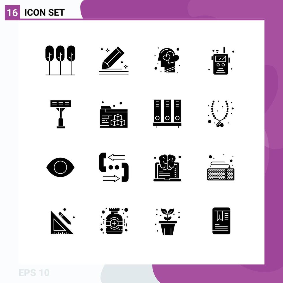 pack de glyphes solides de 16 symboles universels de feu émetteur-récepteur radio papeterie police radio cœur éléments de conception vectoriels modifiables vecteur