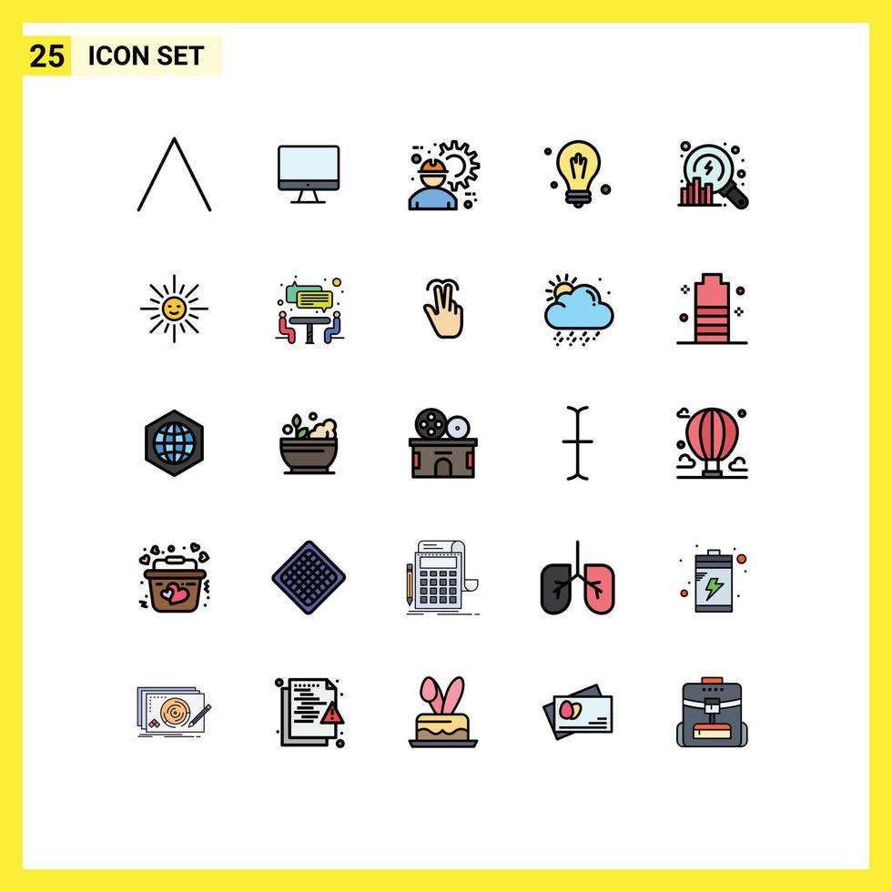 interface mobile ligne remplie couleur plate ensemble de 25 pictogrammes d'analyse de données travailleur de la construction ampoule scientifique éléments de conception vectoriels modifiables vecteur
