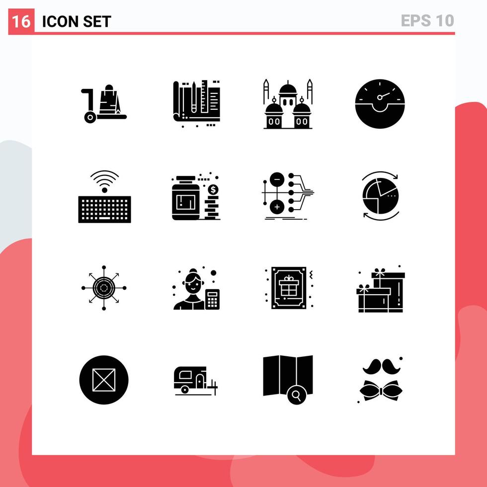 interface mobile glyphe solide ensemble de 16 pictogrammes de règle de tableau de bord de vitesse prier l'islam éléments de conception vectoriels modifiables vecteur