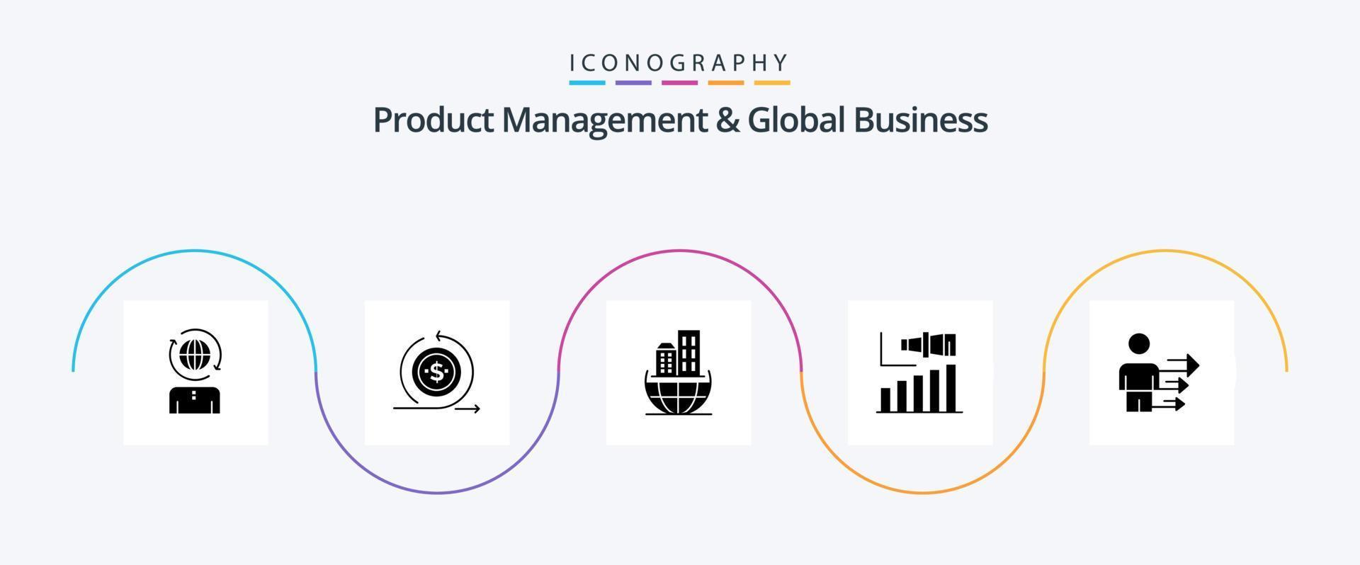 gestion des produits et pack d'icônes de glyphe 5 d'affaires mondiales, y compris la vision. moderne. revenir. longue. durable vecteur
