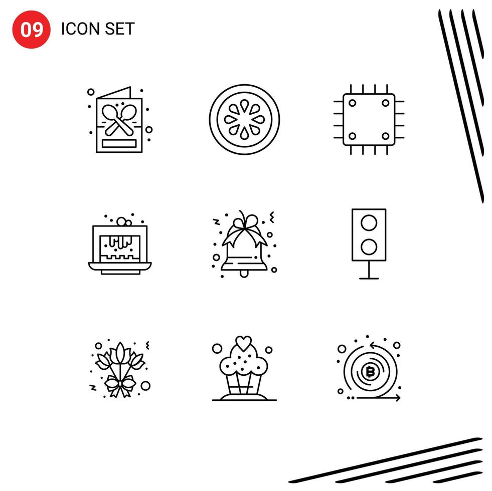 contour de l'interface mobile ensemble de 9 pictogrammes d'éléments de conception vectoriels modifiables de gadget de cuisson de légumes de gâteau brownie vecteur