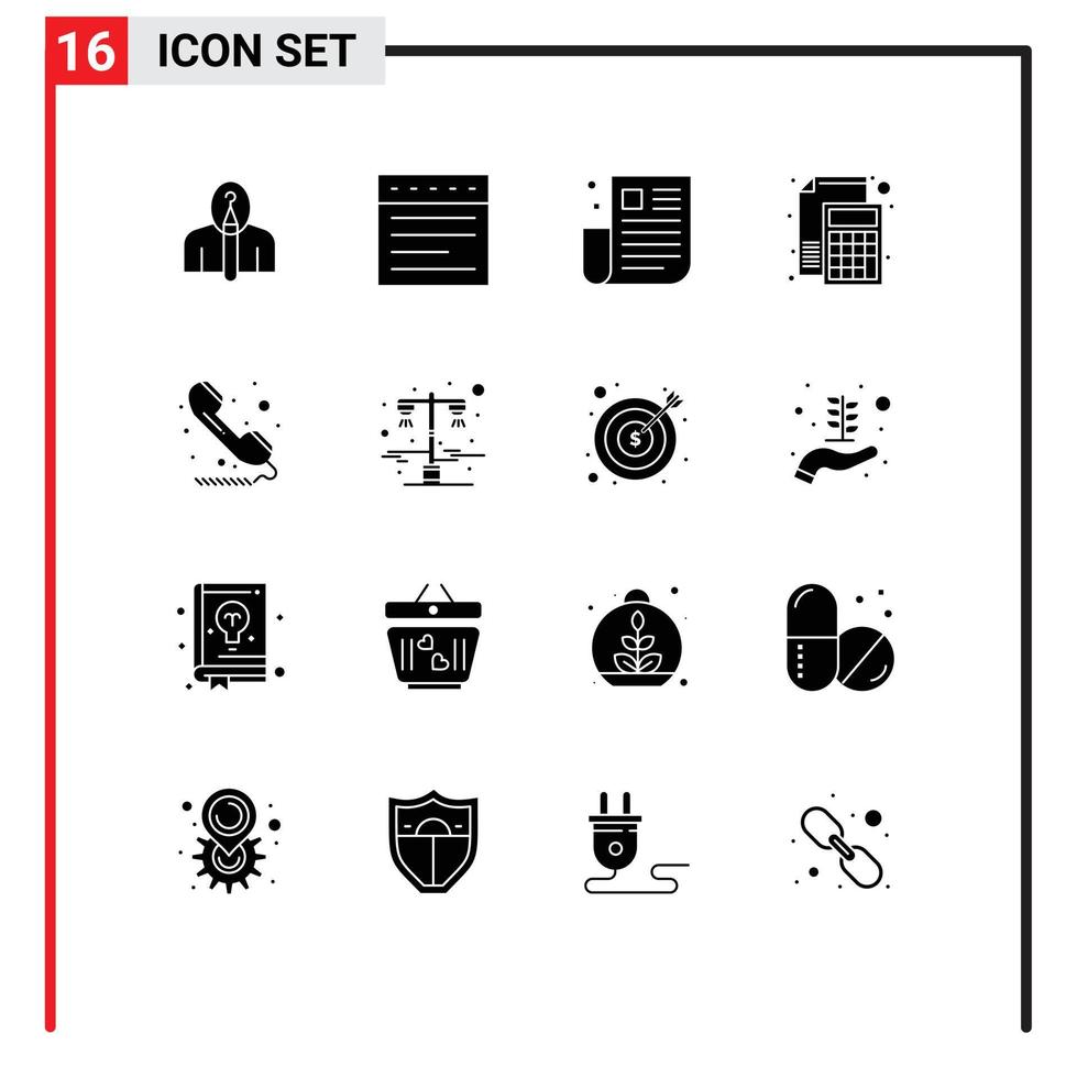 16 glyphes solides vectoriels thématiques et symboles modifiables d'éléments de conception vectoriels modifiables de l'interface utilisateur de la calculatrice d'interface de fichier papier vecteur