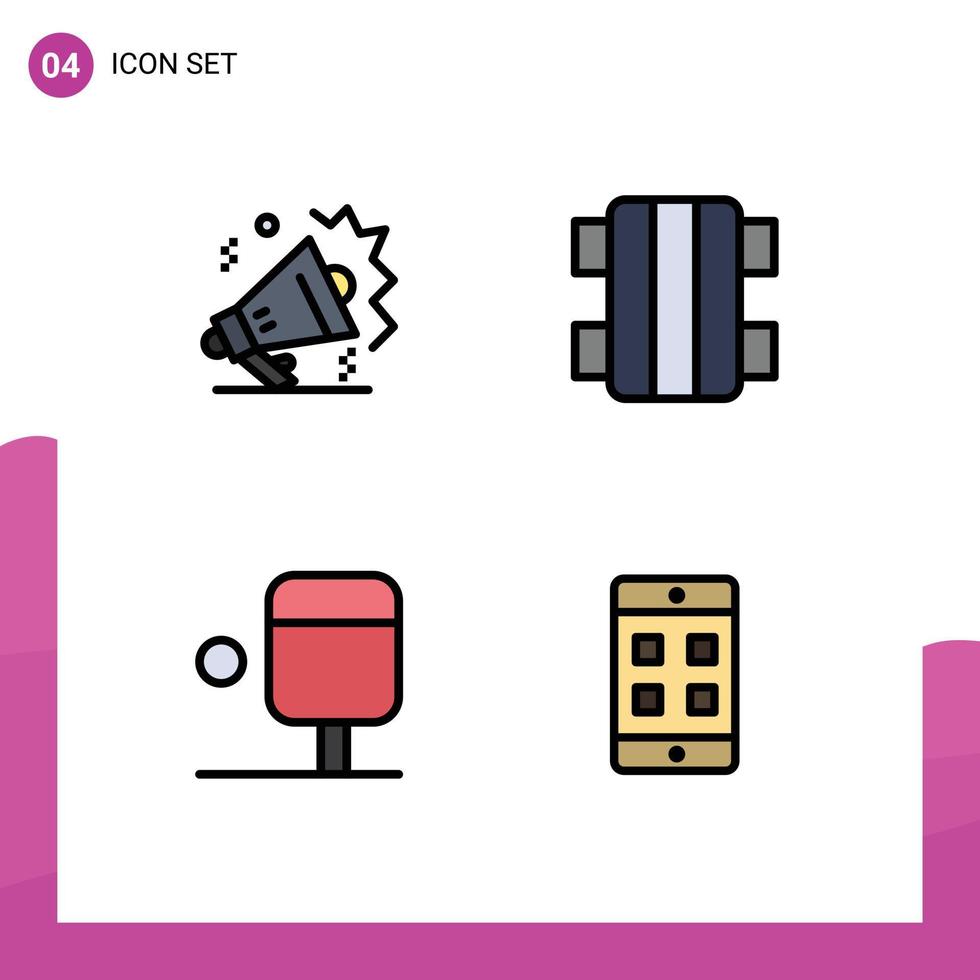 groupe de 4 signes et symboles de couleurs plates remplies pour les éléments de conception vectoriels modifiables de cellule de planche à roulettes de haut-parleur de sport mike vecteur