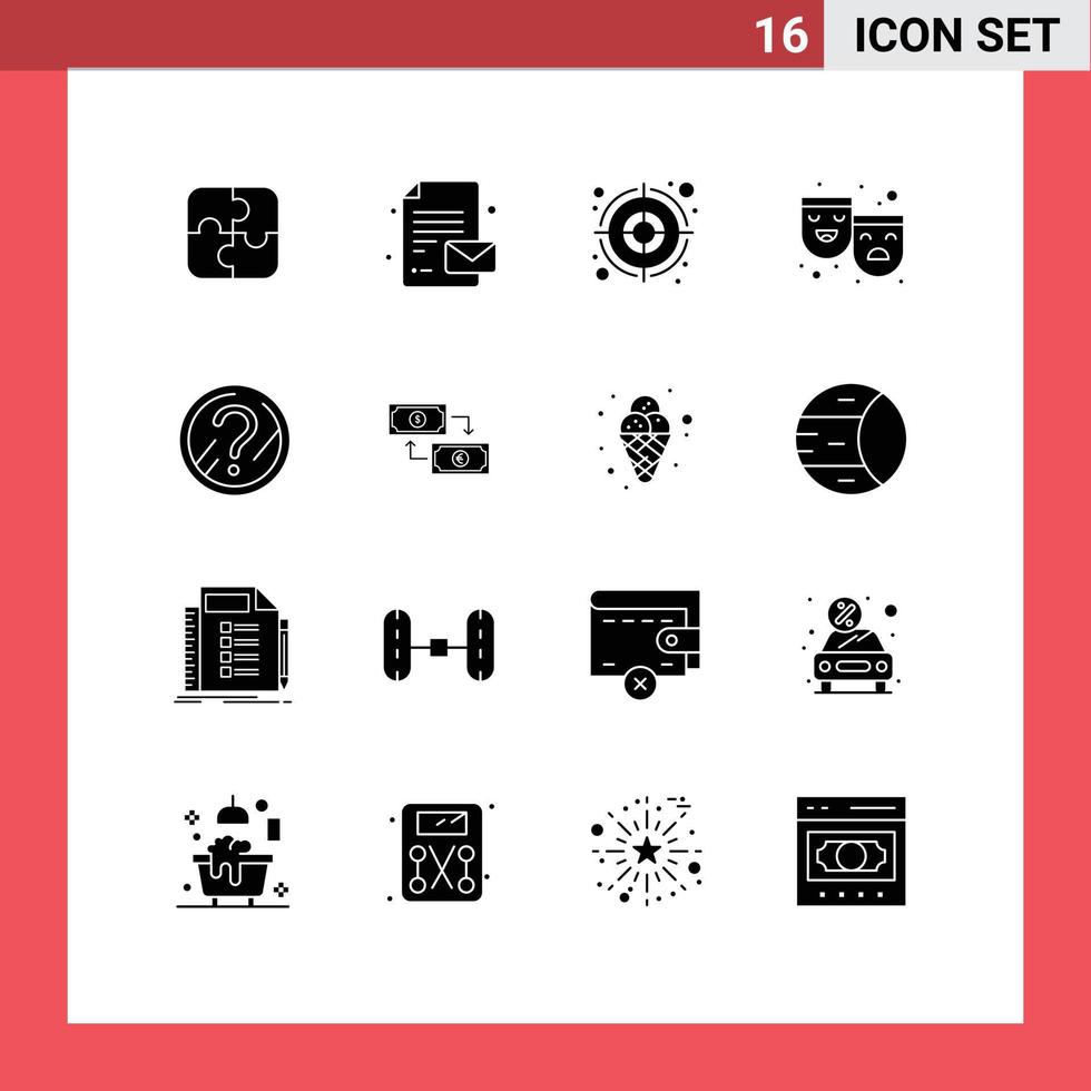 16 concept de glyphe solide pour les sites Web solution mobile et applications faq objectif question théâtre éléments de conception vectoriels modifiables vecteur