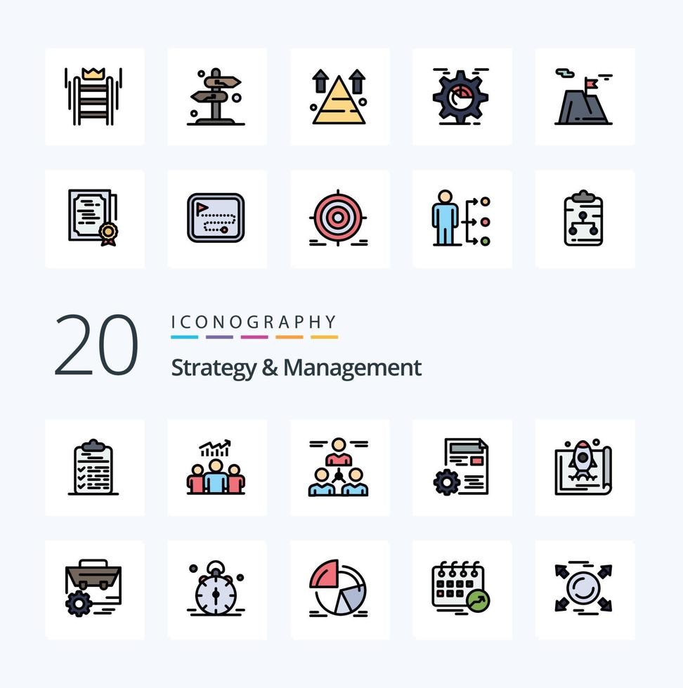 20 pack d'icônes de couleur rempli de ligne de stratégie et de gestion comme le groupe d'hommes de tableau de document de réglage vecteur