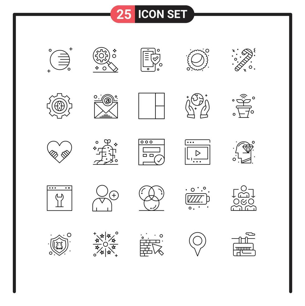 ensemble de 25 lignes vectorielles sur la grille pour les éléments de conception vectoriels modifiables de la tarte à la canne de sécurité de noël à crémaillère vecteur