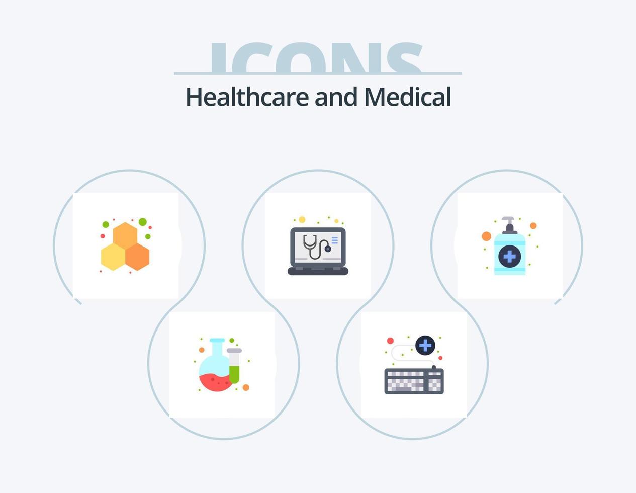 pack d'icônes médicales plates 5 conception d'icônes. savon. un service. chimie. en ligne. Chèque vecteur