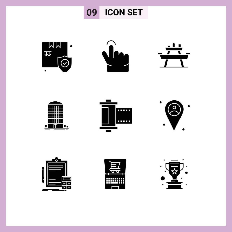 ensemble de 9 symboles d'icônes d'interface utilisateur modernes signes pour l'espace de film bâtiment de tour de nourriture éléments de conception vectoriels modifiables vecteur