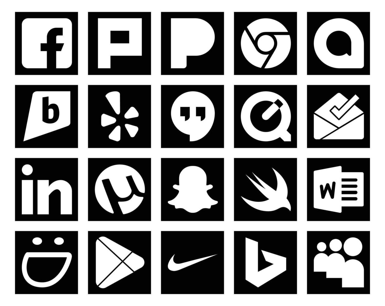 20 pack d'icônes de médias sociaux comprenant des applications smugmug quicktime word snapchat vecteur