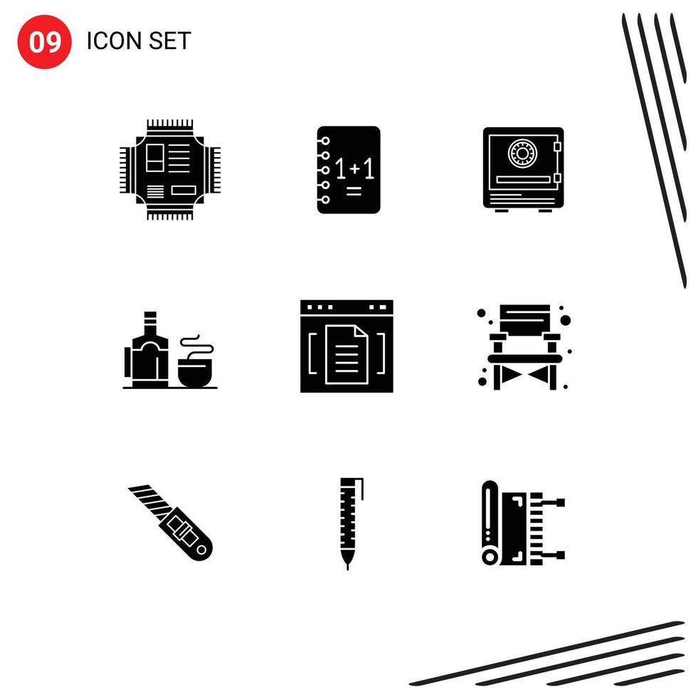 ensemble moderne de 9 pictogrammes de glyphes solides d'éléments de conception vectoriels modifiables de verrouillage de sécurité de tasse vecteur