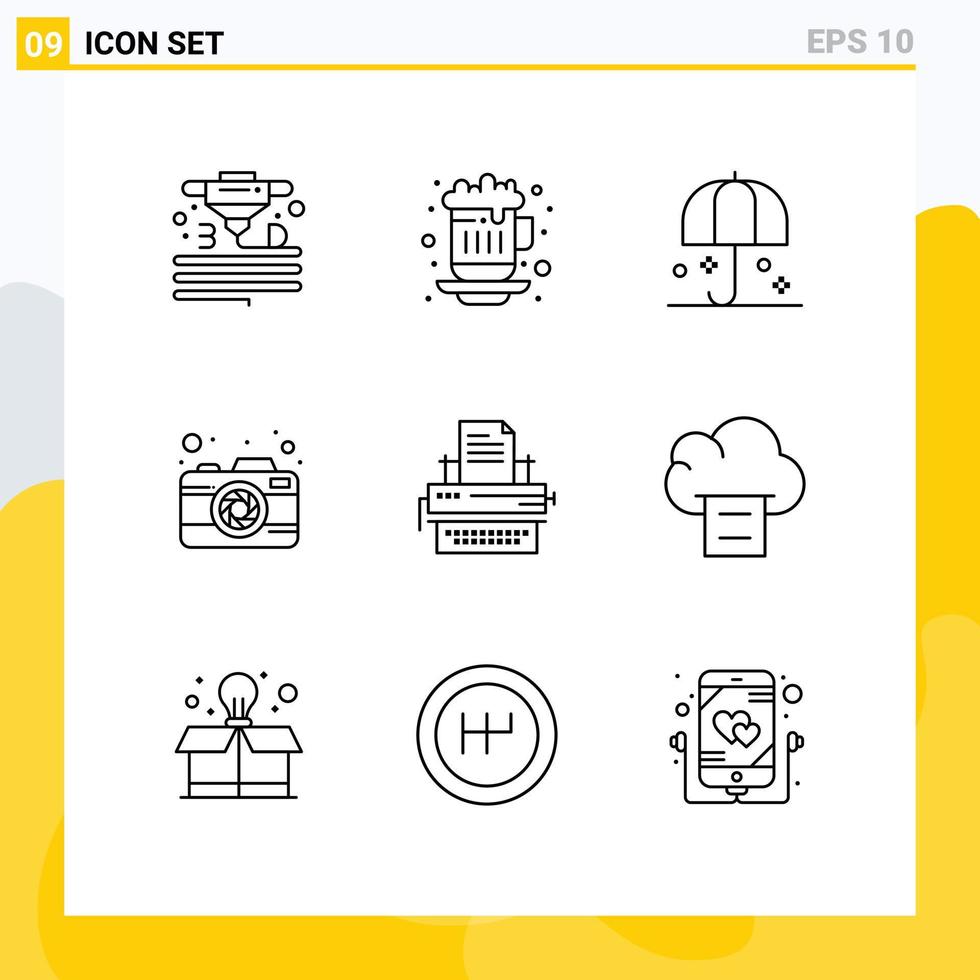 pack de 9 signes et symboles de contours modernes pour les supports d'impression Web tels que l'image de la machine à écrire la photographie d'assurance pare-soleil éléments de conception vectoriels modifiables vecteur