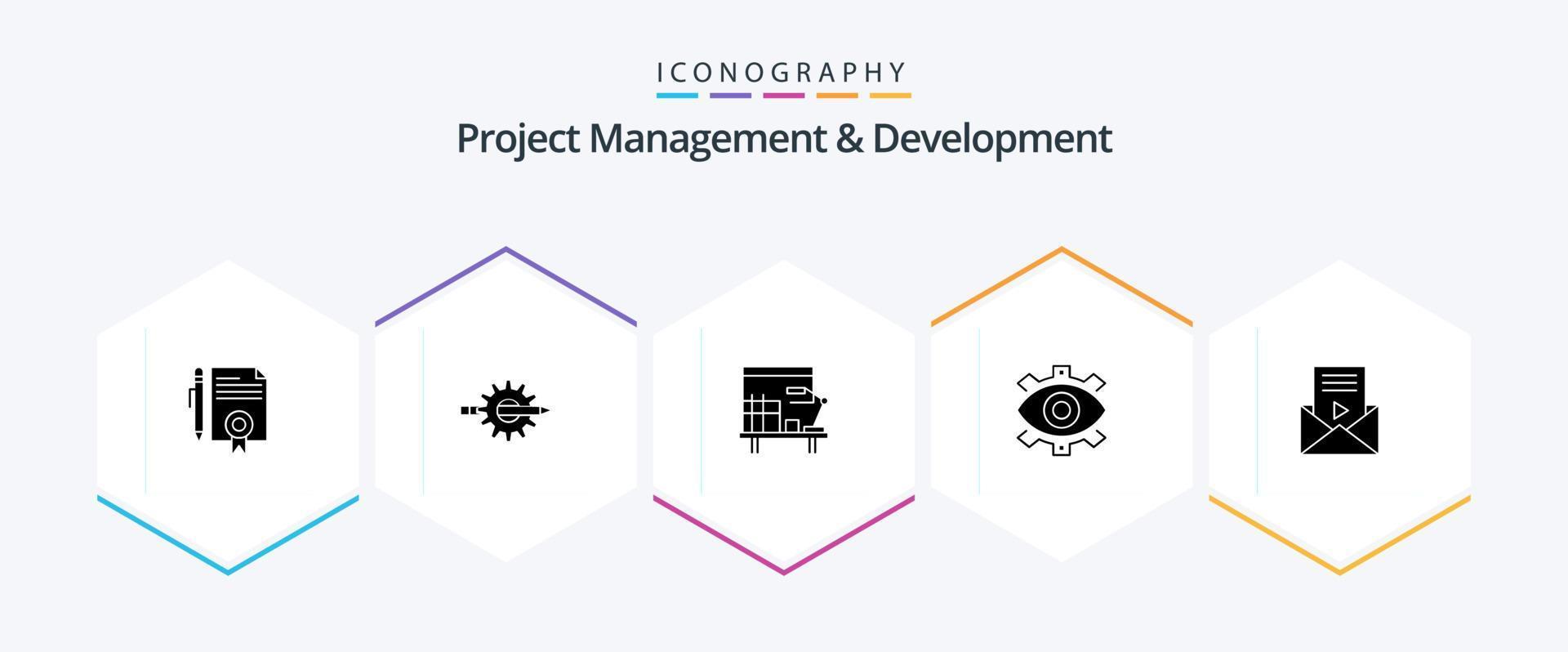 gestion de projet et développement pack d'icônes de 25 glyphes, y compris la production. œil. développement. tableau. pupitre vecteur