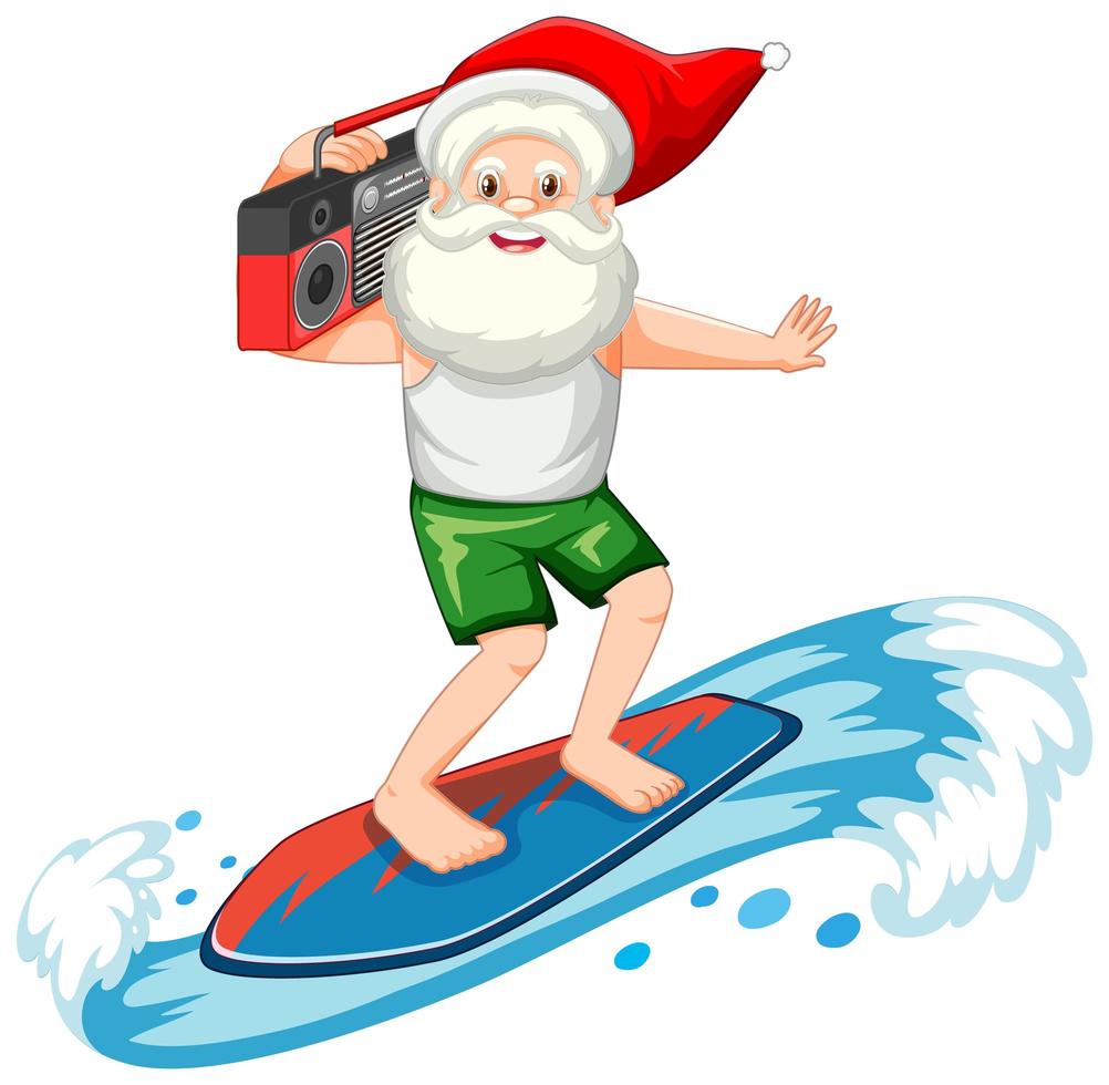 Père Noël surfant sur le thème de l'été sur fond blanc vecteur