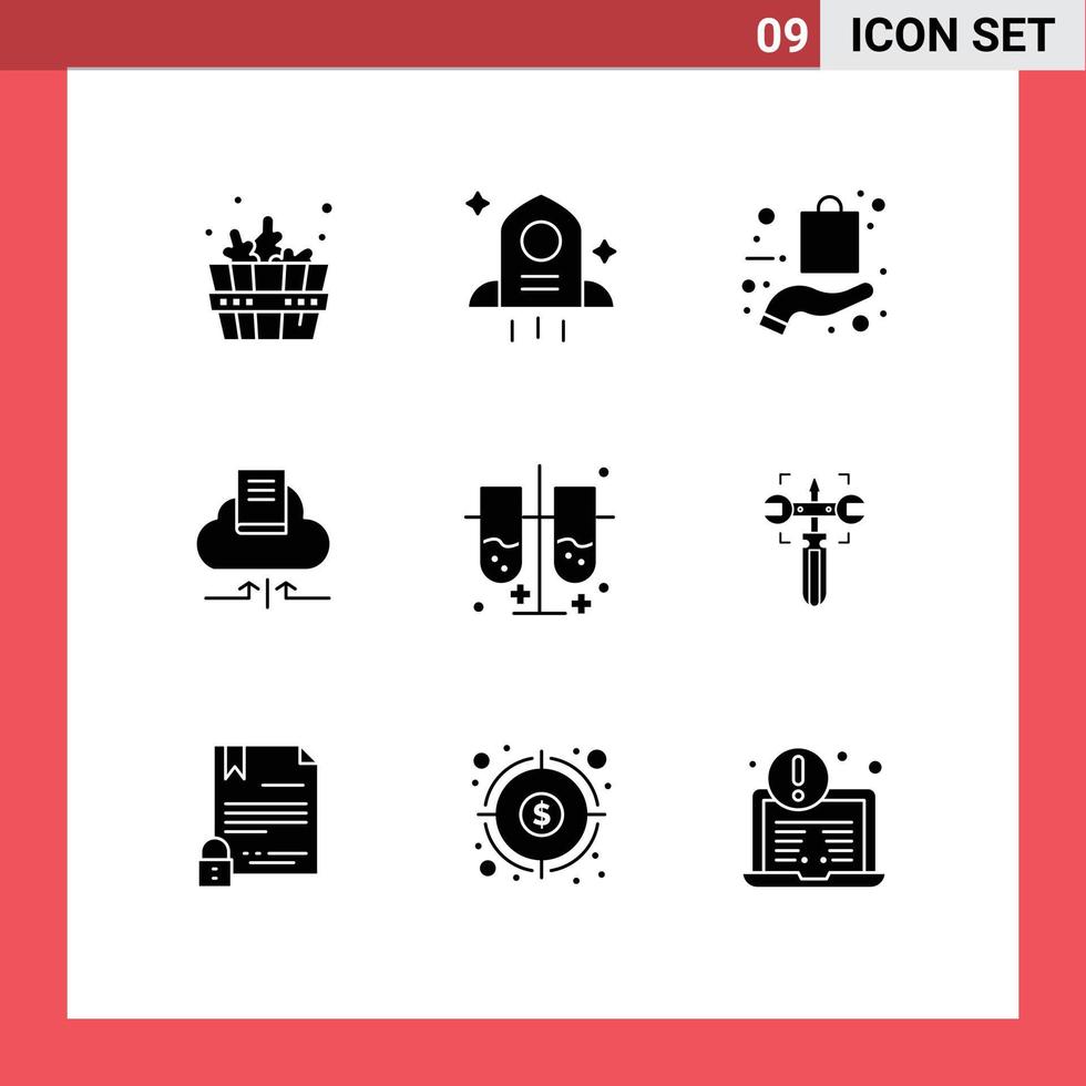 pack d'interface utilisateur de 9 glyphes solides de base de tubes à essai de laboratoire tubes à essai de laboratoire flèche de cahier à main éléments de conception vectoriels modifiables vecteur