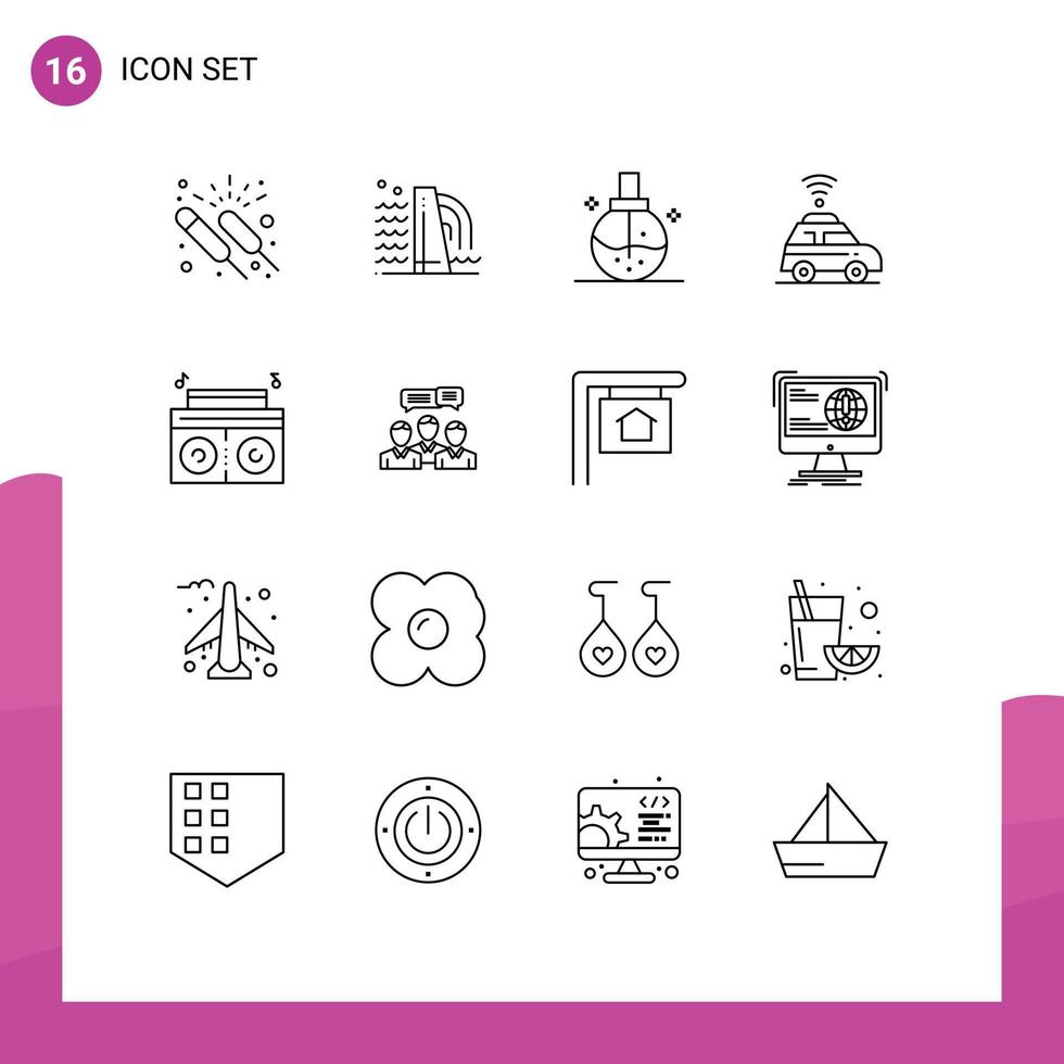 pictogramme ensemble de 16 contours simples d'éléments de conception vectoriels modifiables de santé de voiture d'industrie de localisation de musique vecteur