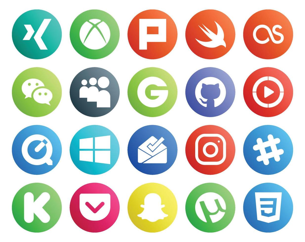 Pack de 20 icônes de médias sociaux comprenant le chat instagram groupon inbox quicktime vecteur