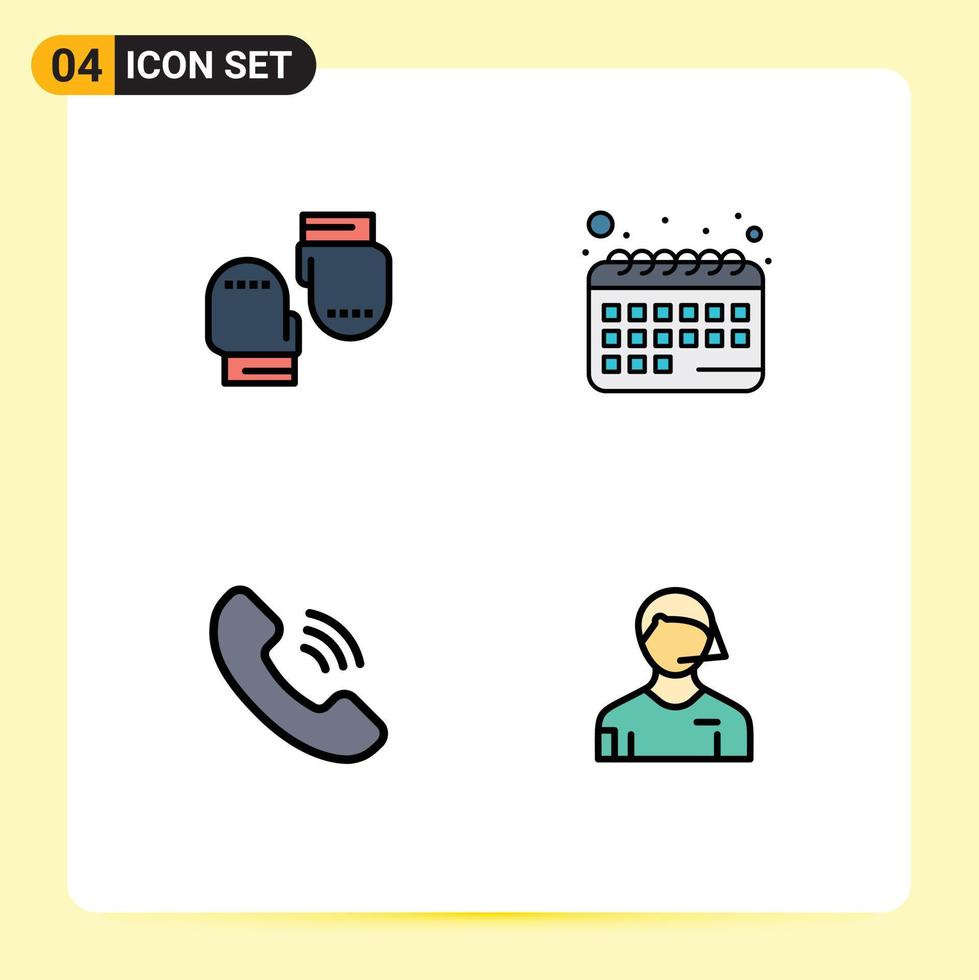 interface mobile fillline plat couleur ensemble de 4 pictogrammes de téléphone de boxe calendrier de protection football éléments de conception vectoriels modifiables vecteur