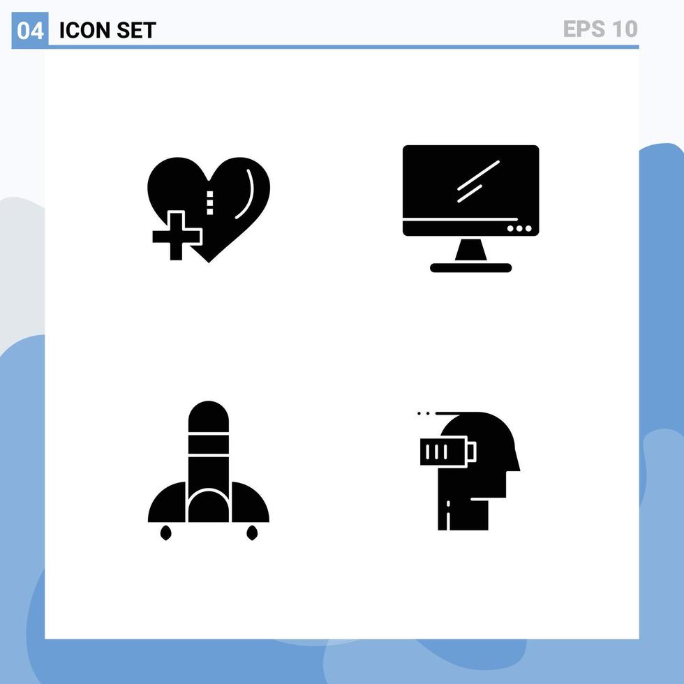 groupe de 4 signes et symboles de glyphes solides pour la fusée cardiaque et les éléments de conception vectoriels modifiables du navire vecteur
