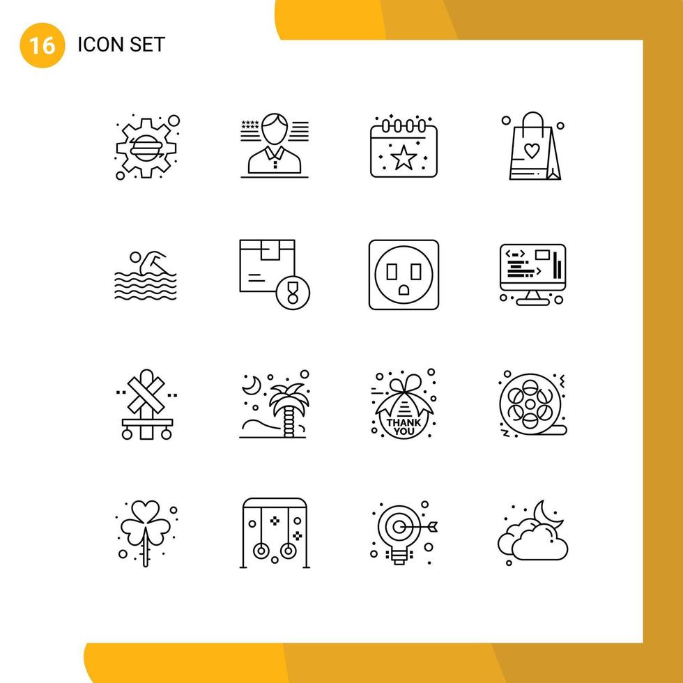 16 ensemble de contours d'interface utilisateur de signes et symboles modernes de sac d'activité de calendrier sportif de natation éléments de conception vectoriels modifiables vecteur