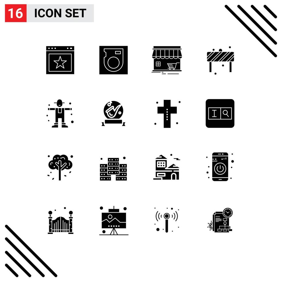 interface mobile glyphe solide ensemble de 16 pictogrammes d'éléments de conception vectoriels modifiables d'attention de route de magasin de signe agricole vecteur
