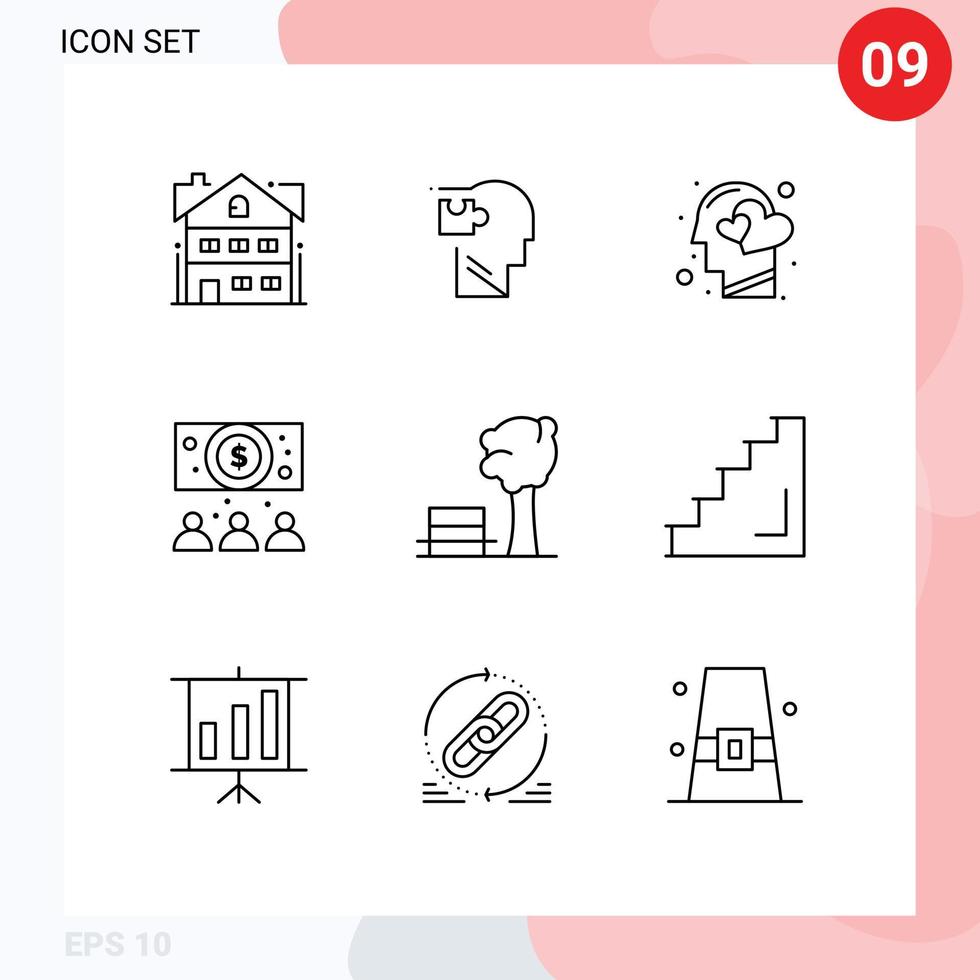 contour de l'interface mobile ensemble de 9 pictogrammes d'éléments de conception vectoriels modifiables de coeur d'entreprise solution dollar banc vecteur