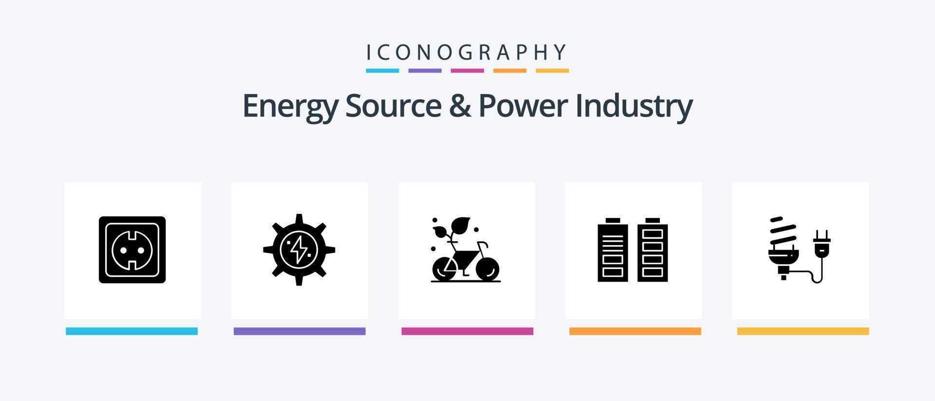 source d'énergie et pack d'icônes glyphe 5 de l'industrie de l'énergie, y compris complet. la batterie. Puissance. accumulateur. plante. conception d'icônes créatives vecteur