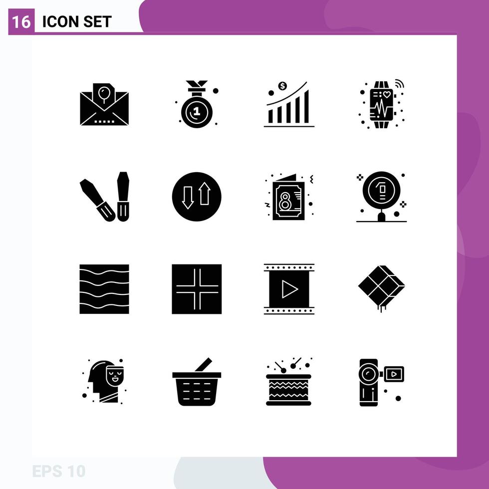 groupe de 16 glyphes solides modernes pour outils battement de coeur dispositif de montre d'affaires éléments de conception vectoriels modifiables vecteur