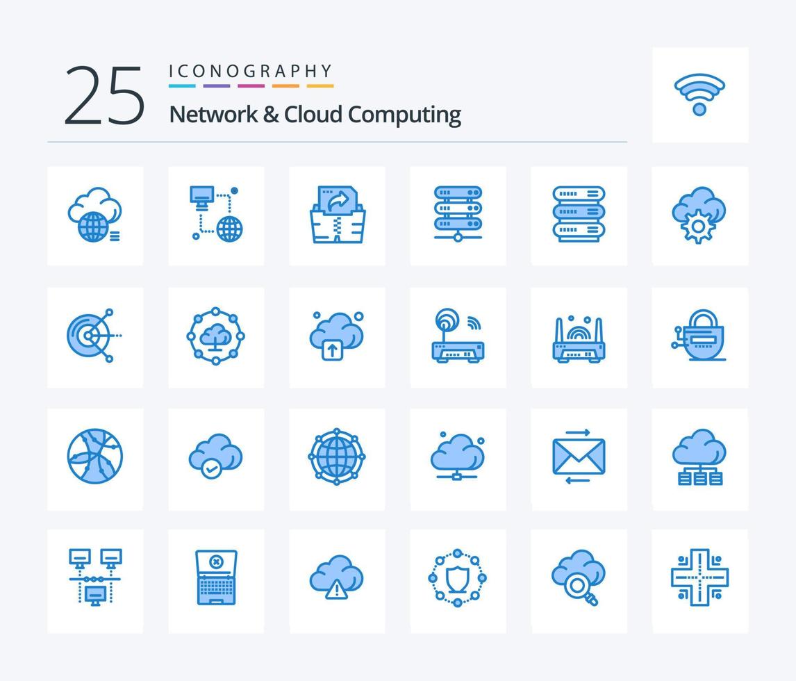 réseau et cloud computing 25 pack d'icônes de couleur bleue, y compris l'équipement. stockage. surveiller. réseau. l'informatique vecteur