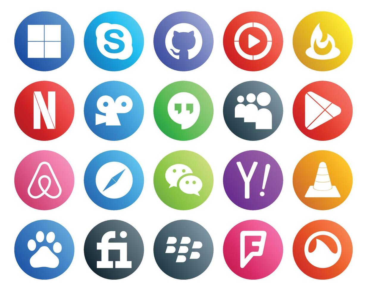 Pack de 20 icônes de médias sociaux, y compris les applications de safari Viddler du navigateur Messenger vecteur