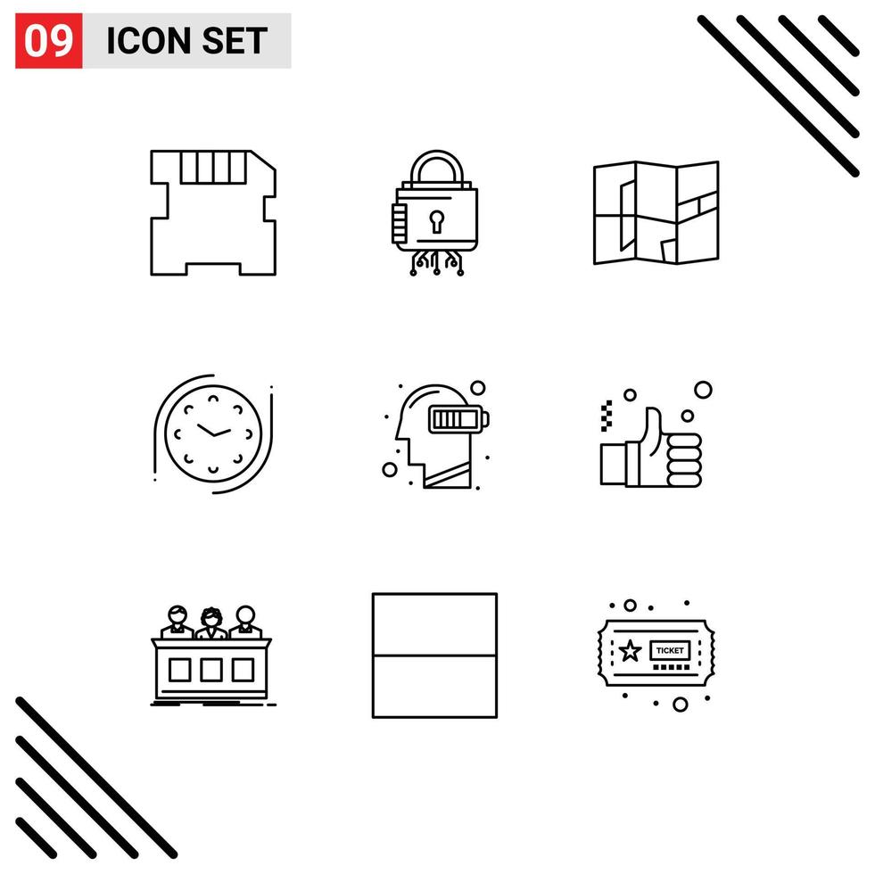 symboles d'icônes universels groupe de 9 contours modernes d'épuisement mental emplacement temps de batterie éléments de conception vectoriels modifiables vecteur