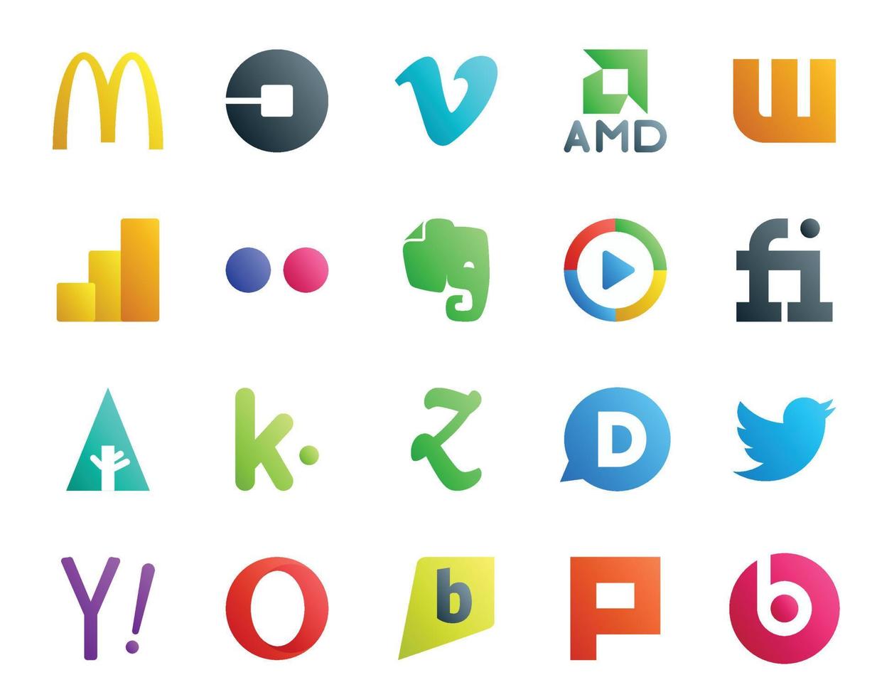 20 pack d'icônes de médias sociaux, y compris la première vidéo de disqus kik google analytics vecteur