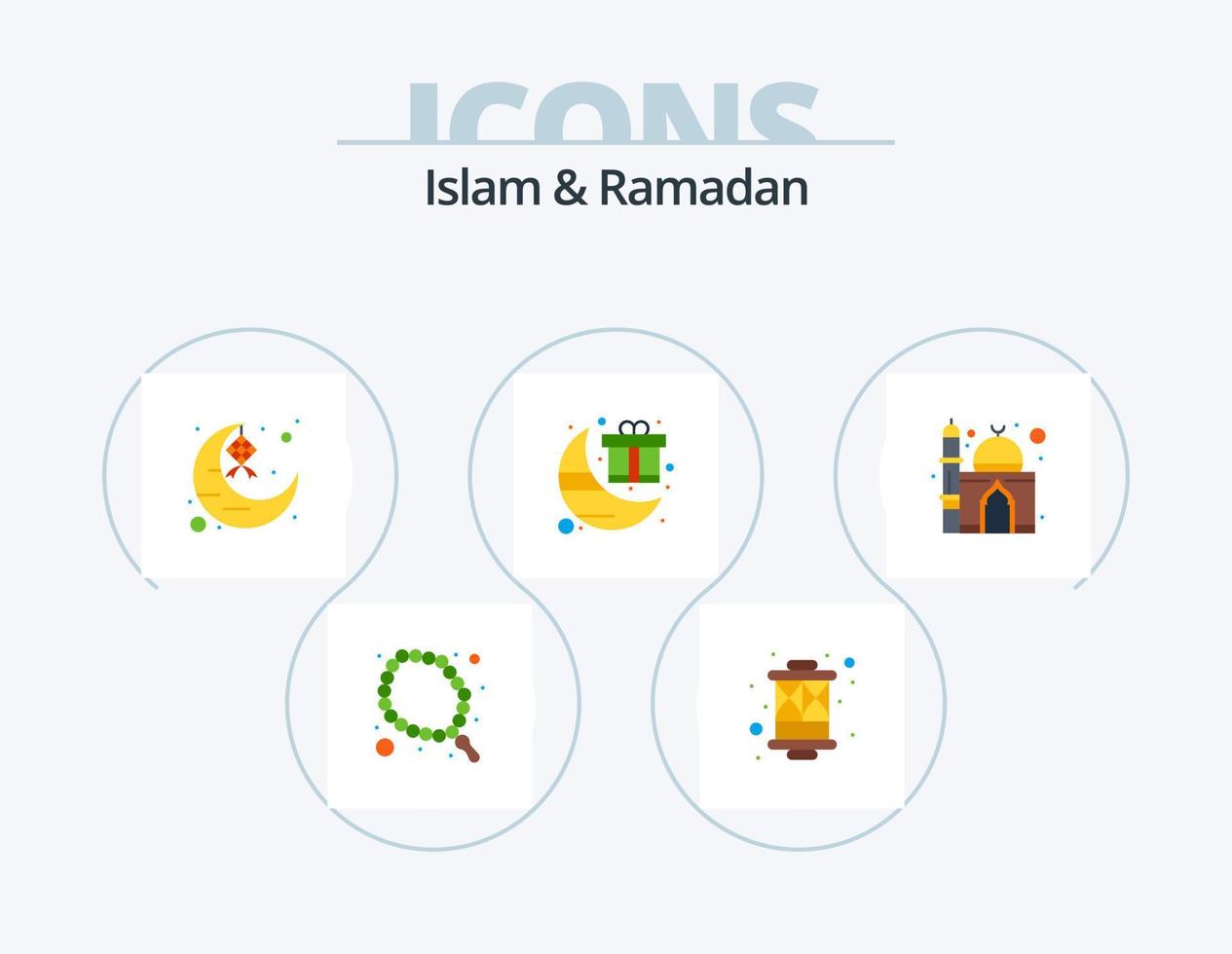 pack d'icônes plat islam et ramadan 5 conception d'icônes. musulman. lune. croissant. cadeau. ruban vecteur