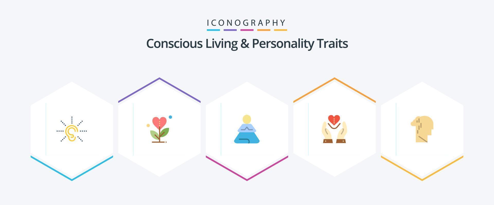 vie consciente et traits de personnalité pack de 25 icônes plates, y compris le cœur. la compassion. cœur. se soucier. formation vecteur