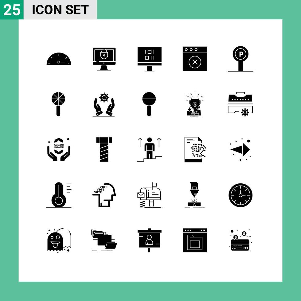 groupe de 25 glyphes solides modernes définis pour les données de service de voyage parking mac éléments de conception vectoriels modifiables vecteur