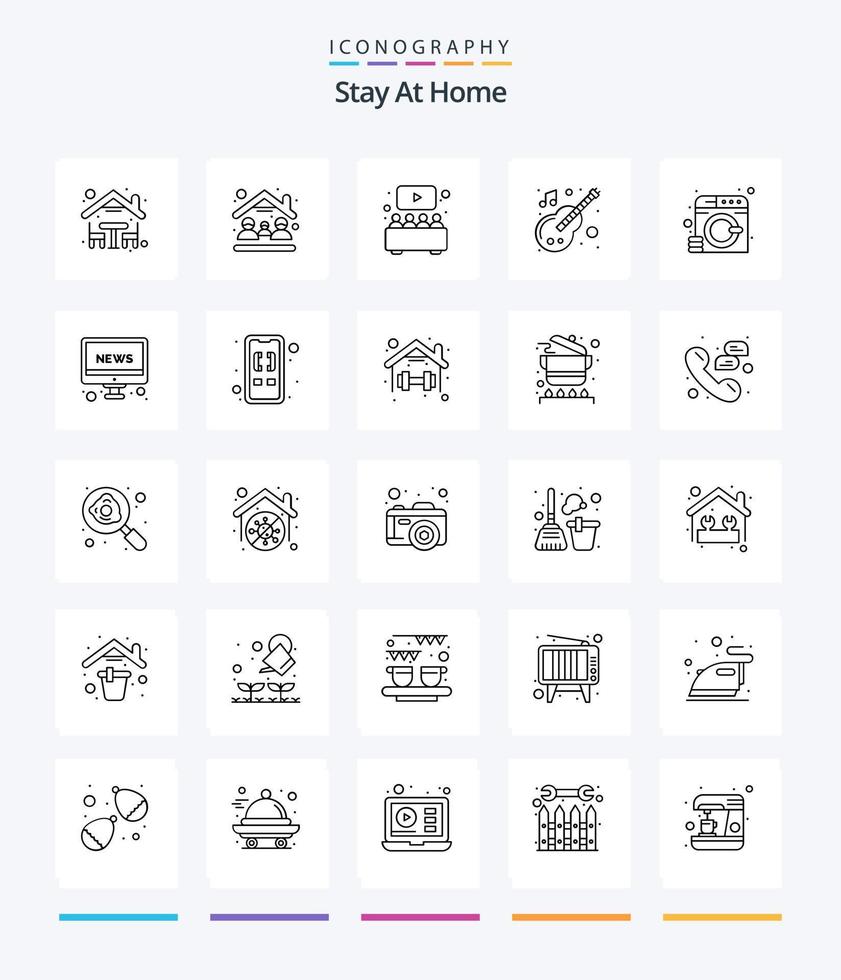 séjour créatif à la maison 25 pack d'icônes de contour tels que des vêtements. musique. divertissement. instrument. Regardez vecteur