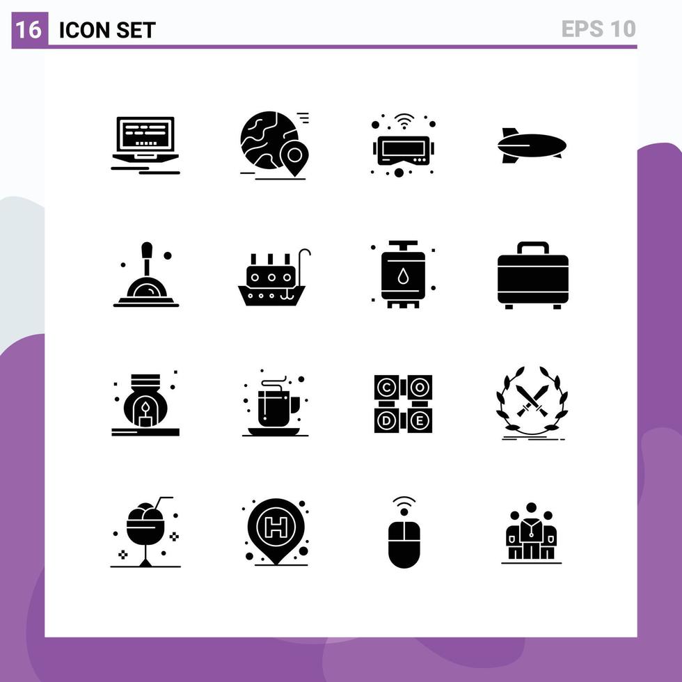 groupe de 16 glyphes solides modernes définis pour la recherche approfondie lunettes de recherche véhicules avion éléments de conception vectoriels modifiables vecteur