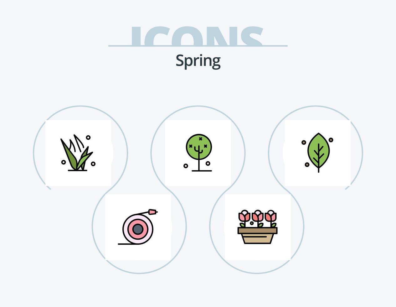 pack d'icônes rempli de ligne de printemps 5 conception d'icônes. râteau. jardin. salle de bains. printemps. lumière vecteur