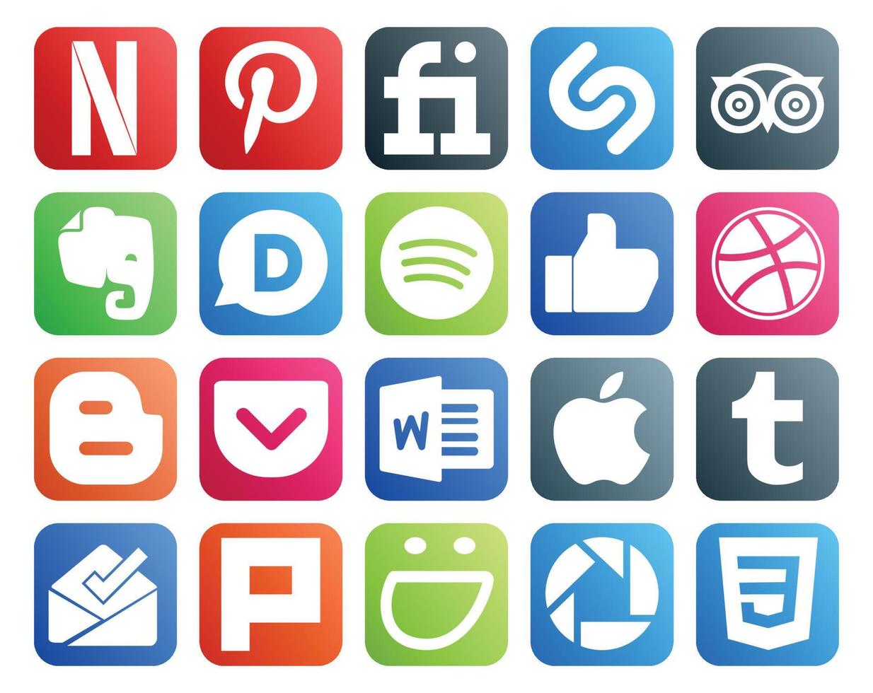 pack de 20 icônes de médias sociaux, y compris plurk tumblr spotify apple pocket vecteur