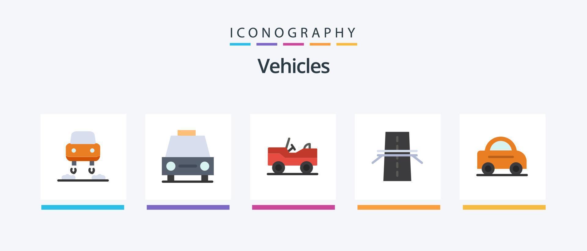 pack d'icônes plat 5 de véhicules, y compris le véhicule. Autoroute. militaire. la grille. construction. conception d'icônes créatives vecteur