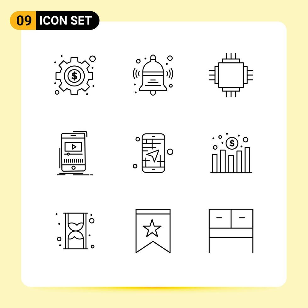 pack d'interface utilisateur de 9 contours de base d'éléments de conception vectoriels modifiables de médias de lecteur d'appareils vidéo mobiles vecteur