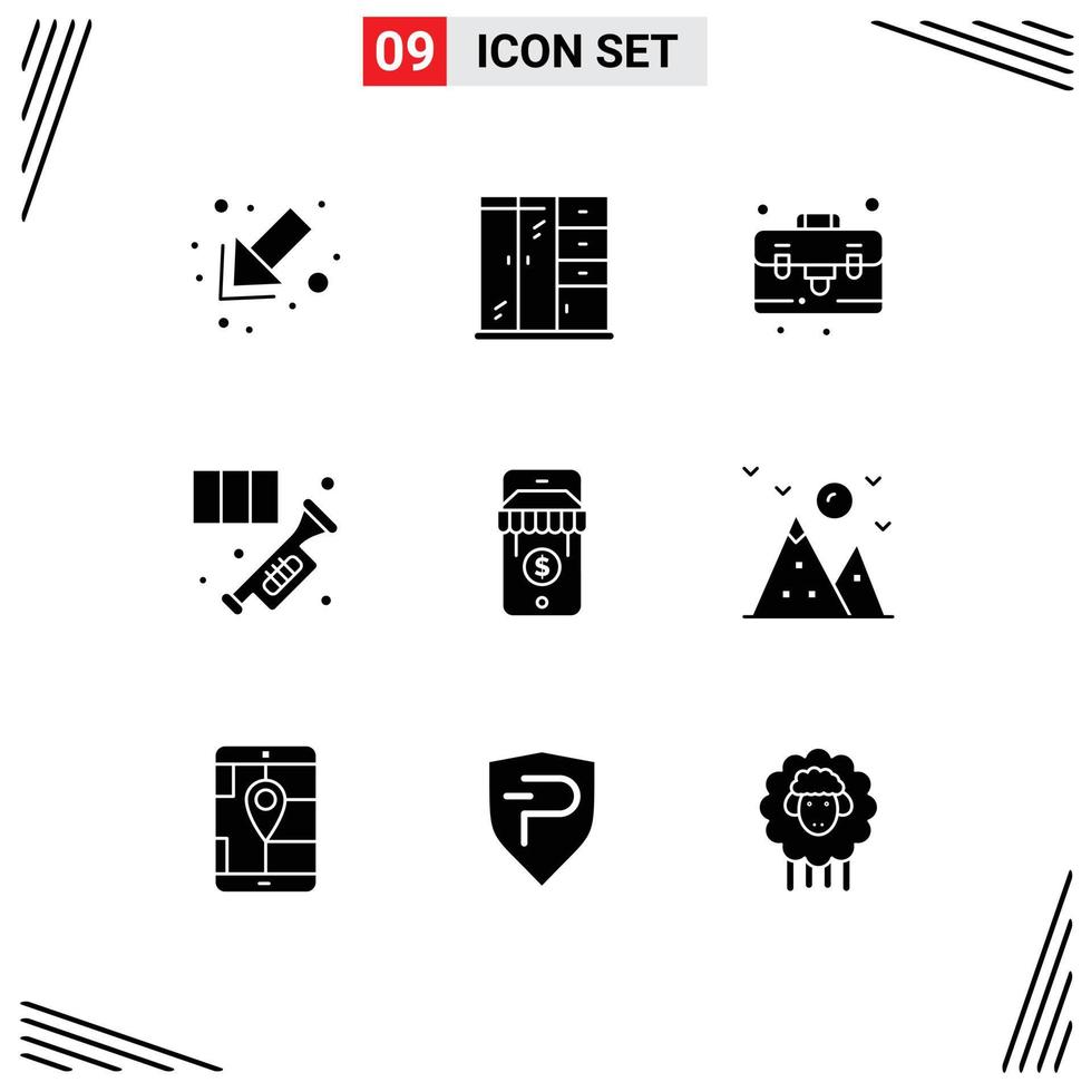 symboles d'icônes universelles groupe de 9 glyphes solides modernes de cas de magasin de randonnée musique de commerce électronique éléments de conception vectoriels modifiables vecteur