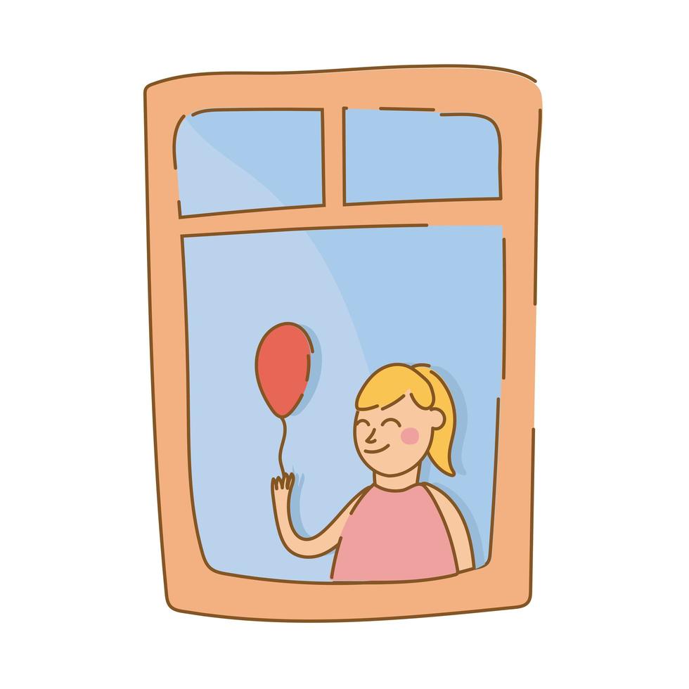 Petite fille avec ballon dans la fenêtre de l'appartement pour le style de forme libre de quarantaine vecteur