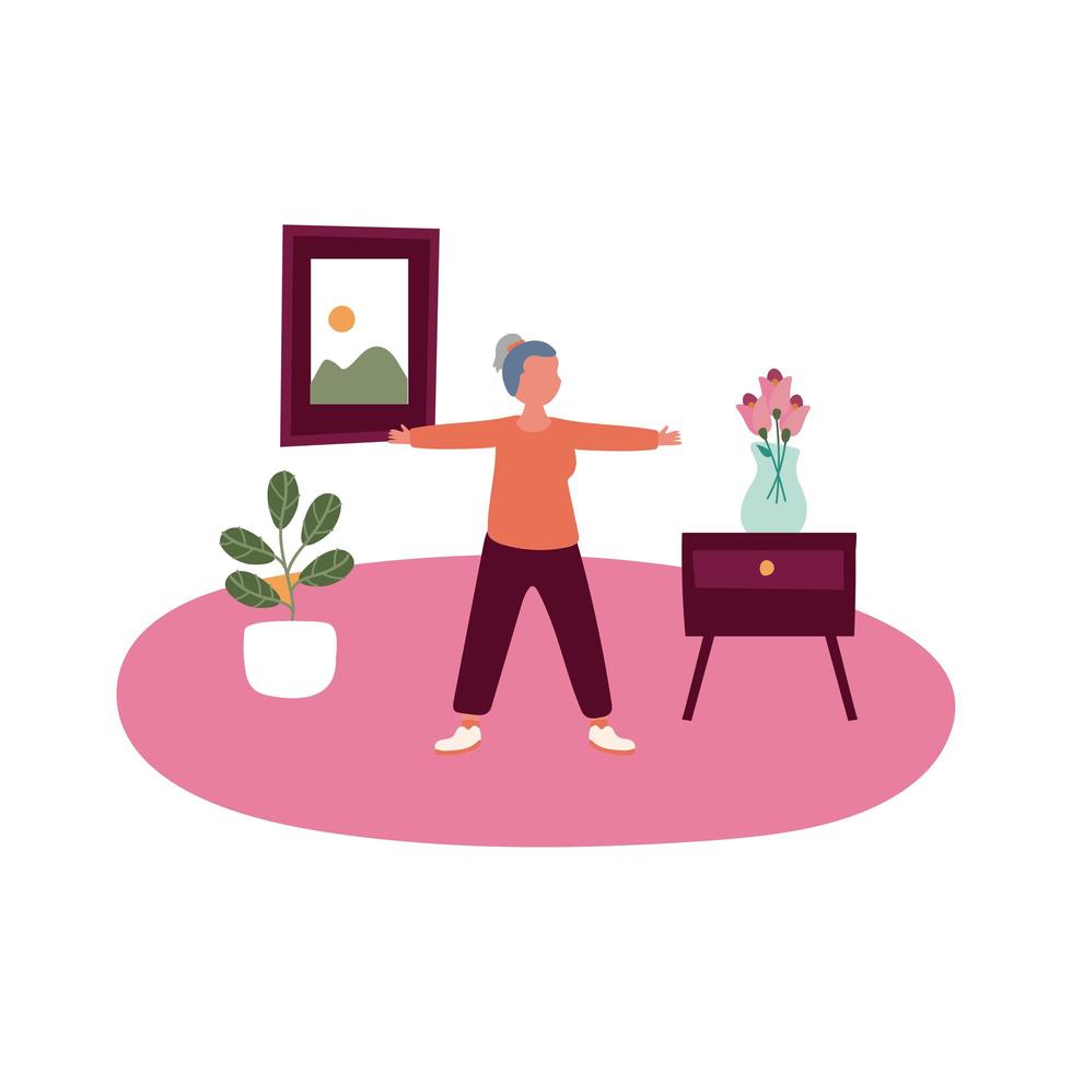 femme âgée pratiquant l'exercice dans le style de forme libre d'activité à domicile vecteur